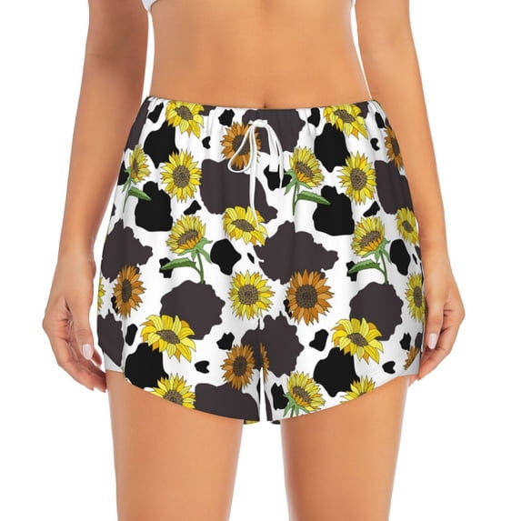 Haiem Black Cow Sunflowers Women's 2 in 1 Running Shorts - Lightweight Athletic Workout Gym Yoga Breathable Sports Shorts Liner with Phone Pockets-XX-Large
