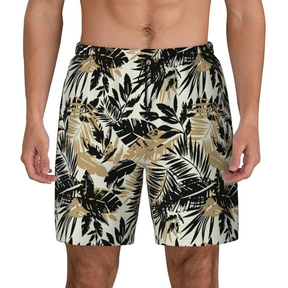 Haiem Black Palm Leaves Mens Swim Trunks with Compression Liner 2 in 1 Swimming Shorts Stretch Swimwear Quick Dry,Board Shorts-XX-Large