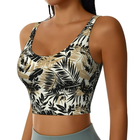 Haiem Black Palm Leaves Pattern Womens Sports Bra - U Neck Padded Low Impact Yoga Bra Workout Crop Top Gym Moisture-Wicking Workout Vest -Large