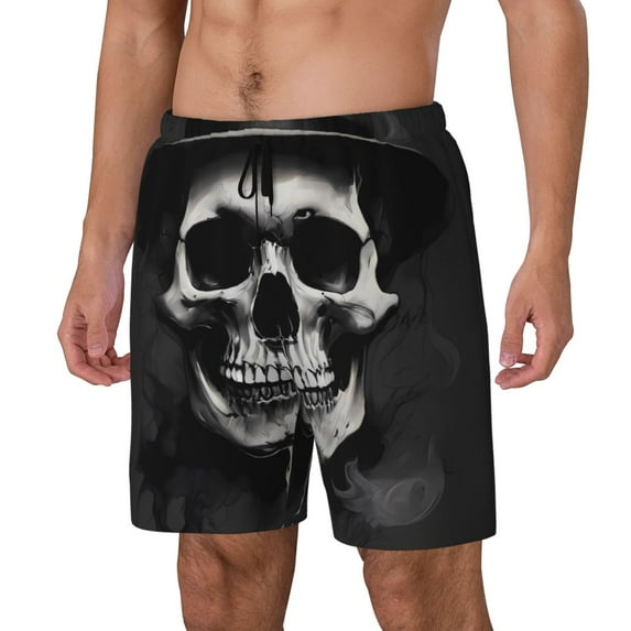 Haiem Black White Hat Skull Mens Swim Trunks with Compression Liner 2 in 1 Swimming Shorts Stretch Swimwear Quick Dry,Board Shorts-Large