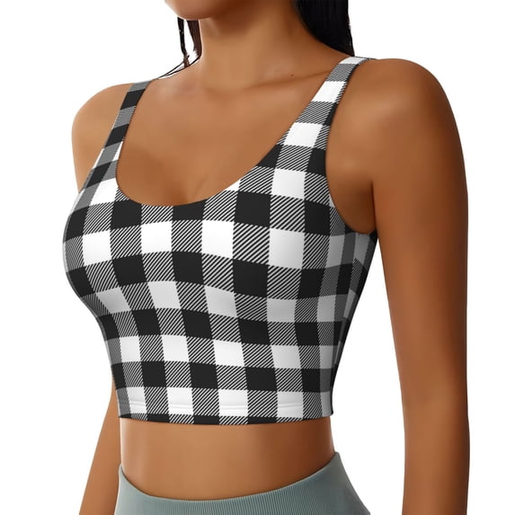 Haiem Black White Plaid Pattern Womens Sports Bra - U Neck Padded Low Impact Yoga Bra Workout Crop Top Gym Moisture-Wicking Workout Vest -