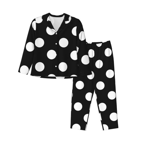 Haiem Black and White Polka Dot Pattern Women’s Long-sleeve Sleepwear,Sleepwear Set,2-piece Loungewear Set,Soft PJs Comfy Nightwear with Pockets-Small