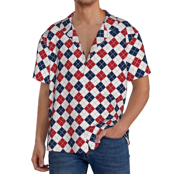 Haiem Blue And Red Diamond Pattern Men's Casual Shirts Short Sleeve Button Down Shirts Fashion Textured Summer Beach Shirt-Large