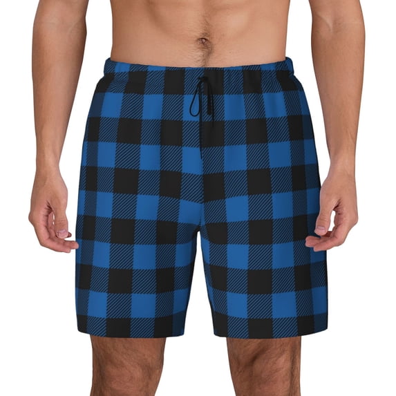 Haiem Blue Black Plaid Mens Swim Trunks with Compression Liner 2 in 1 Swimming Shorts Stretch Swimwear Quick Dry,Board Shorts-Small
