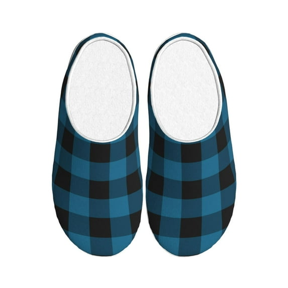 Haiem Blue Black Plaid Print Women's Fuzzy Memory Foam House Slipper Cozy Home Footwear Non-slip Winter Slippers-37/38