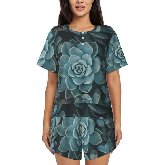 Haiem Blue Color Cactus Pattern Pajama Set for Women 2 Piece Lounge Set Short Sleeve Tops and Shorts Soft Sleepwear-XX-Large