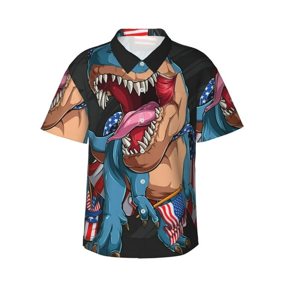 Haiem Blue Dinosaur Printed Hawaiian Shirt for Men - Men’s Casual Beach Summer Shirts - Stretch Fabric with Modern Fit-Medium