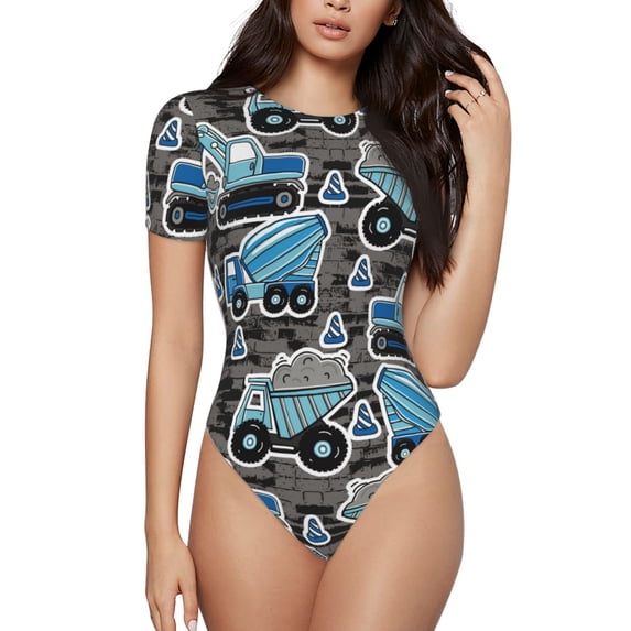 Haiem Blue Excavator Women's Crew Neck Short Sleeve Bodysuit Tops Stretchy Slim Basic-X-Large