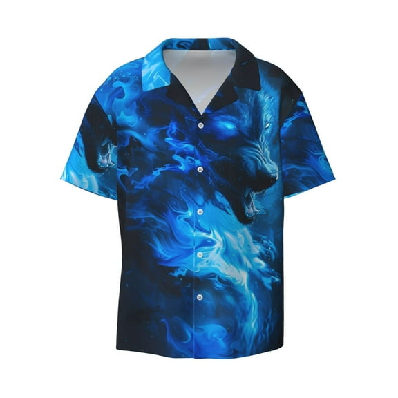 Haiem Blue Fire Cool Wolf Men's Casual Shirts Short Sleeve Button Down Shirts Fashion Textured Summer Beach Shirt-4X-Large