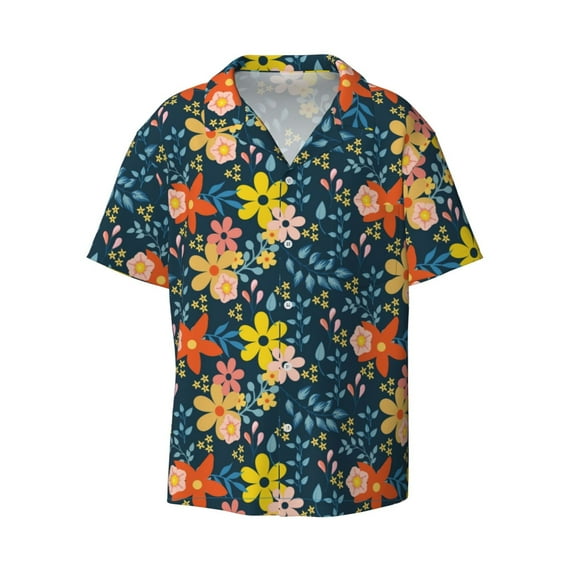 Haiem Blue Floral Men's Casual Shirts Short Sleeve Button Down Shirts Fashion Textured Summer Beach Shirt-Small