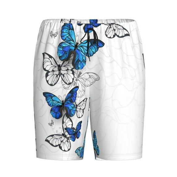 Haiem Blue Flying Butterflies Men's Pajama Short with Soft Woven Cotton Elastic Waistband Sleep Short-Medium