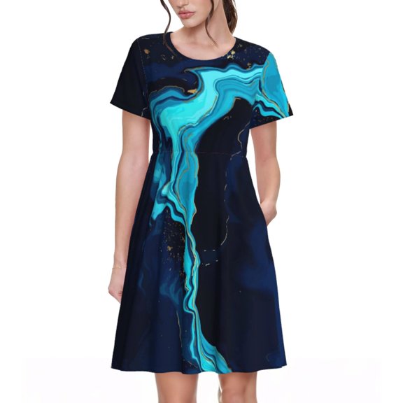 Haiem Blue Marble And Gold Pattern Women's Short-Sleeve Scoop Neck Swing Dress
