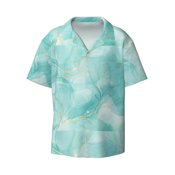 Haiem Blue Marble Men's Casual Shirts Short Sleeve Button Down Shirts Fashion Textured Summer Beach Shirt-X-Large