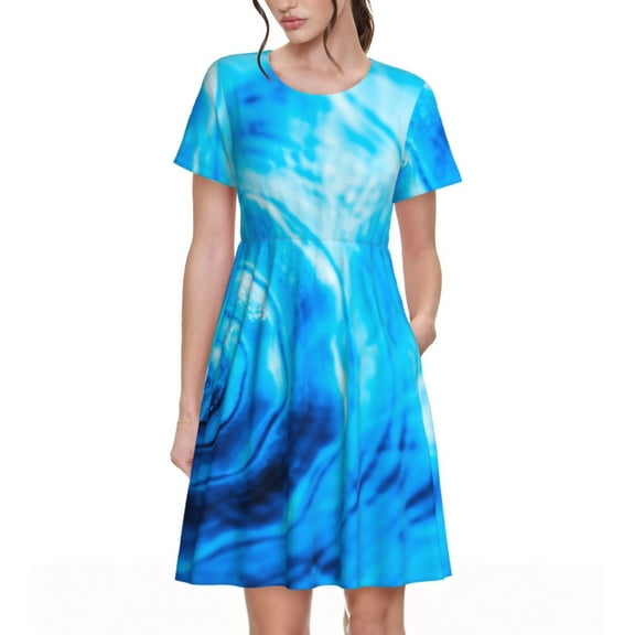 Haiem Blue Shell Pattern Women's Short-Sleeve Scoop Neck Swing Dress