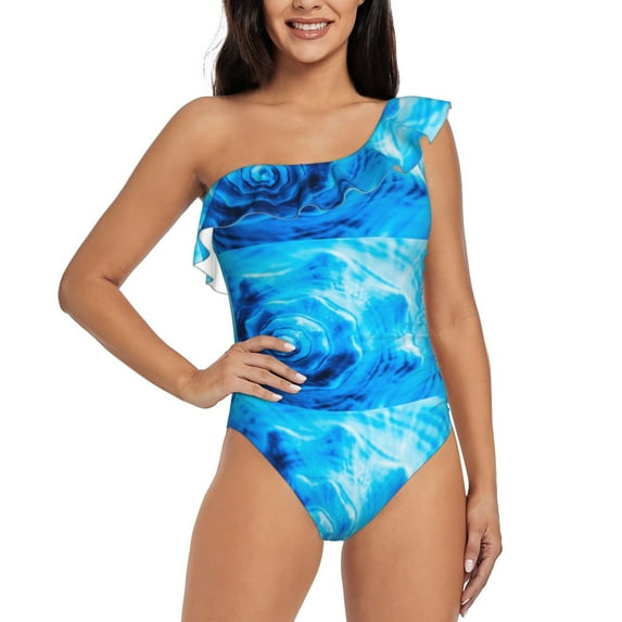 Haiem Blue Shell Women's One Piece Swimsuits Tummy Control One Shoulder Bathing Suits Ruffle Swimwear-Small