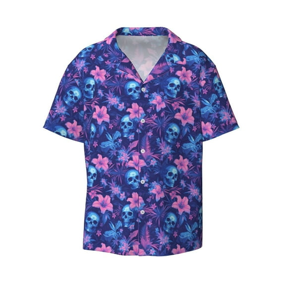 Haiem Blue Skull Leaf Men's Casual Shirts Short Sleeve Button Down Shirts Fashion Textured Summer Beach Shirt-X-Large