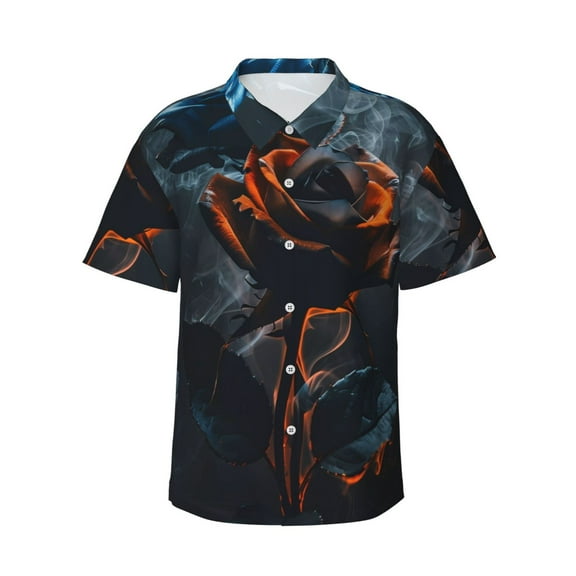 Haiem Blue and Red Roses Artwork Printed Hawaiian Shirt for Men - Men’s Casual Beach Summer Shirts - Stretch Fabric with Modern Fit-XX-Large