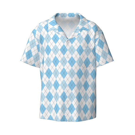 Haiem Blue and White Squares Men's Casual Shirts Short Sleeve Button Down Shirts Fashion Textured Summer Beach Shirt-Large