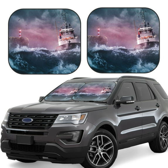 Haiem Boat Lighthouse Storm Waves Car Windshield Sun Shade (2 Pieces) Foldable Windshield Sun Shade Car Accessories for Truck SUV Pickup-Small