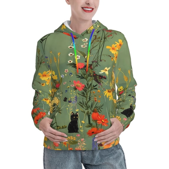 Haiem Botanical Garden With Cats for Women's Fashion Hoodies & Sweatshirts with Kangaroo Pocket,Hooded Sweatshirt with Eye-catching Drawstrings-XX-Large