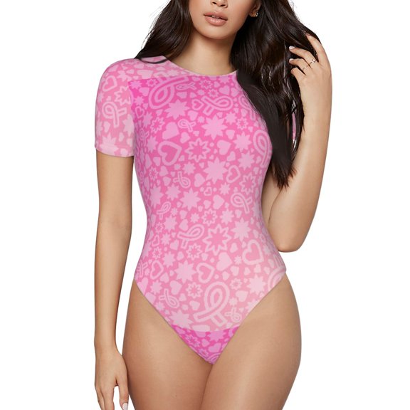 Haiem Breast Cancer Pink Ribbons Awareness Women's Crew Neck Short Sleeve Bodysuit Tops Stretchy Slim Basic-X-Large