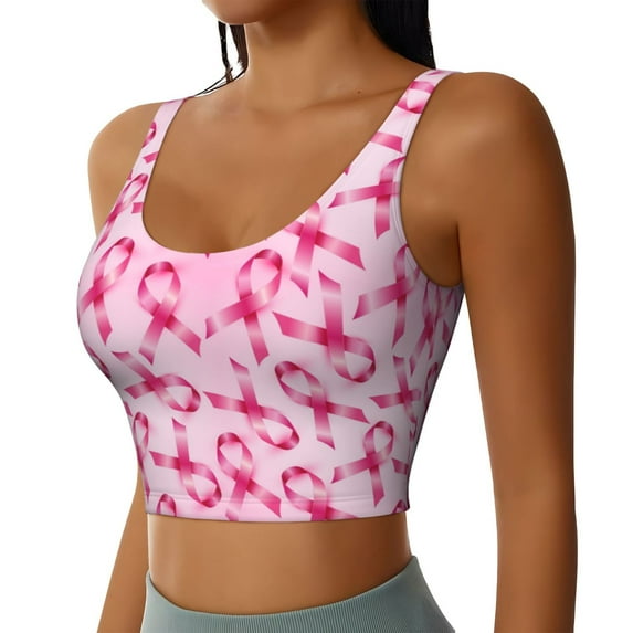 Haiem Breast Cancer Ribbons Awareness Pattern Womens Sports Bra - U Neck Padded Low Impact Yoga Bra Workout Crop Top Gym Moisture-Wicking Workout Vest -X-Large