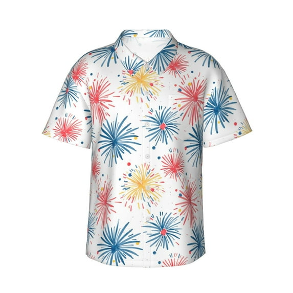 Haiem Bright Colorful Fireworks Printed Hawaiian Shirt for Men - Men’s Casual Beach Summer Shirts - Stretch Fabric with Modern Fit-X-Large