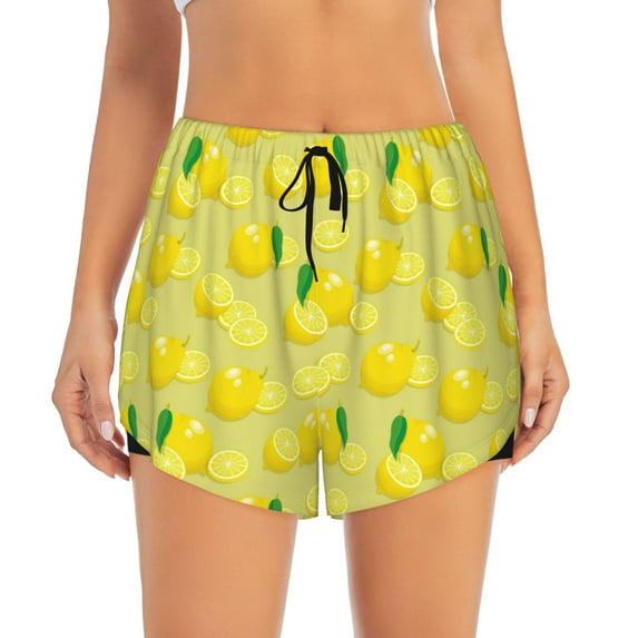 Haiem Bright Lemons Women's 2 in 1 Running Shorts - Lightweight Athletic Workout Gym Yoga Breathable Sports Shorts Liner with Phone Pockets-Medium
