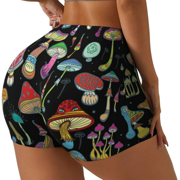 Haiem Bright Mushrooms No Front Seam Biker Shorts for Women Yoga Workout Gym Bike Shorts with Tummy Control Moisture-Wicking-Large