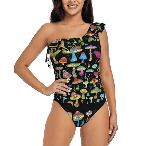 Haiem Bright Mushrooms Women's One Piece Swimsuits Tummy Control One Shoulder Bathing Suits Ruffle Swimwear-Small