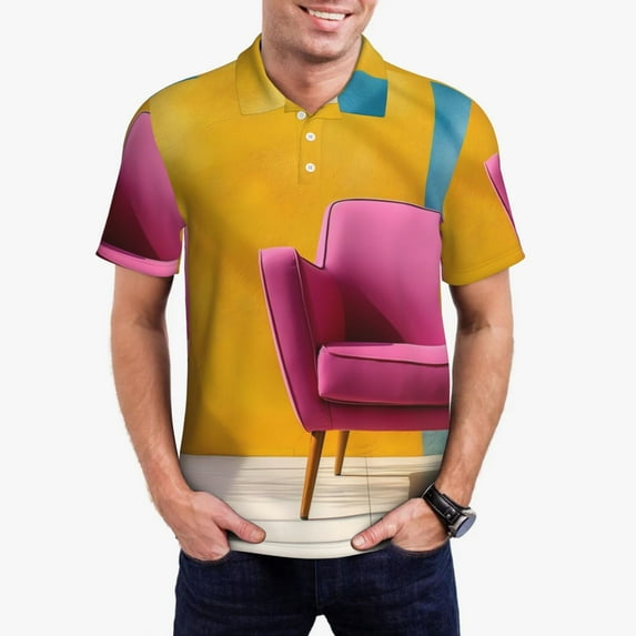 Haiem Bright Pink Chair Pattern Mens Polo Shirts Quick Dry Short Sleeve Golf T Shirt Performance Moisture Wicking Casual Workout-X-Large