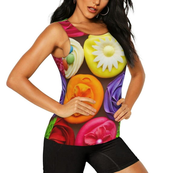 Haiem Brightly Colored Cupcakes Workout Tank Tops for Women, Athletic Sports Slim-Fit Tank Tops, Compression Sleeveless Dry Fit Shirts,Athletic Shirt-Large