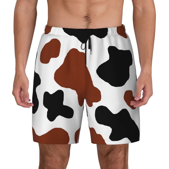 Haiem Brown Black Cow Mens Swim Trunks with Compression Liner 2 in 1 Swimming Shorts Stretch Swimwear Quick Dry,Board Shorts-X-Large