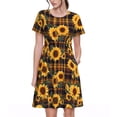 thumbnail image 1 of Haiem Brown Blue Plaid Sunflower Pattern Women's Short-Sleeve Scoop Neck Swing Dress, 1 of 6