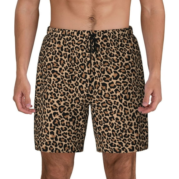 Haiem Brown Leopard Mens Swim Trunks with Compression Liner 2 in 1 Swimming Shorts Stretch Swimwear Quick Dry,Board Shorts-