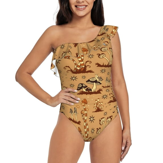 Haiem Brown Mushrooms Women's One Piece Swimsuits Tummy Control One Shoulder Bathing Suits Ruffle Swimwear-XX-Large