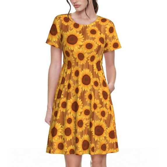 Haiem Brown Wood Grain Sunflower A Pattern Women's Short-Sleeve Scoop Neck Swing Dress