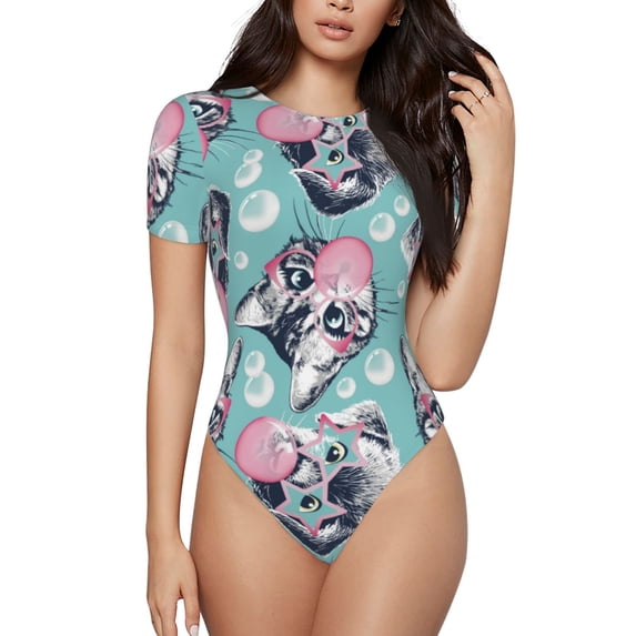 Haiem Bubble Cat Cute Women's Crew Neck Short Sleeve Bodysuit Tops Stretchy Slim Basic-Small