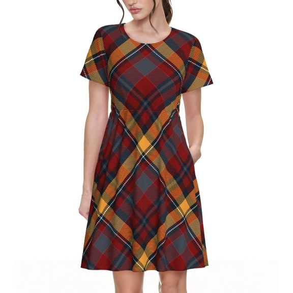 Haiem Buffalo Check Plaid Pattern Women's Short-Sleeve Scoop Neck Swing Dress