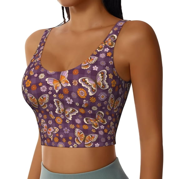 Haiem Buffalo Plaid and Butterflys Pattern Womens Sports Bra - U Neck Padded Low Impact Yoga Bra Workout Crop Top Gym Moisture-Wicking Workout Vest -Large