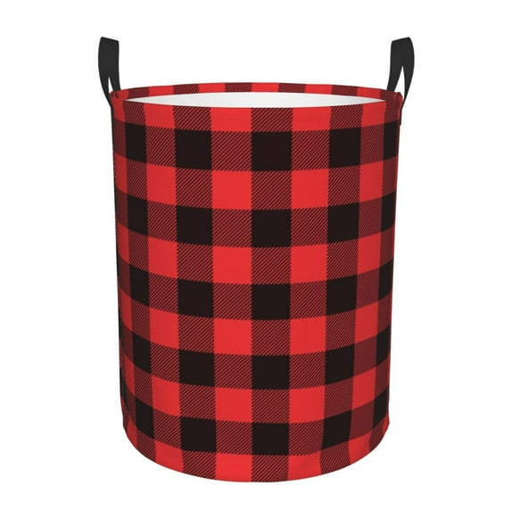 Haiem Buffalo Plaid Red Black Leather Dirty Clothes Laundry Basket,Sturdy & Waterproof,Collapsible Round Design For Efficient Space Management,Multi-Purpose Storage Basket