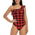 thumbnail image 1 of Haiem Buffalo Plaid Red Black Women's One Piece Swimsuits Tummy Control One Shoulder Bathing Suits Ruffle Swimwear-XX-Large, 1 of 8