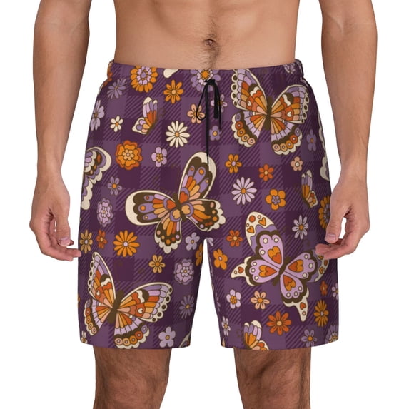Haiem Buffalo Plaid and Butterflys Mens Swim Trunks with Compression Liner 2 in 1 Swimming Shorts Stretch Swimwear Quick Dry,Board Shorts-X-Large