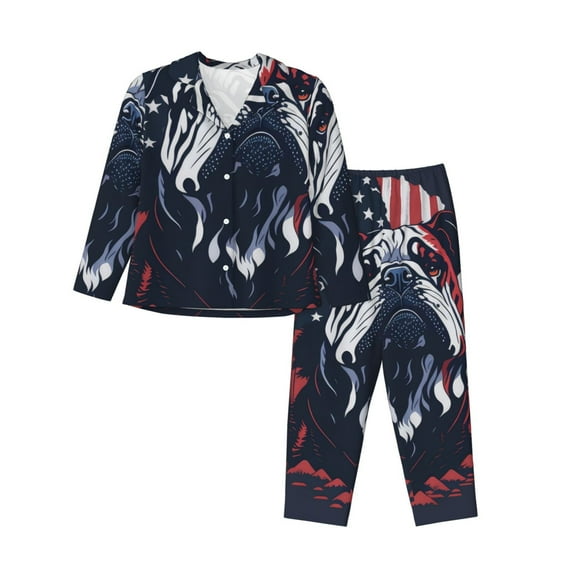 Haiem Bulldog with Forest Flag Pattern Women’s Long-sleeve Sleepwear,Sleepwear Set,2-piece Loungewear Set,Soft PJs Comfy Nightwear with Pockets-XX-Large