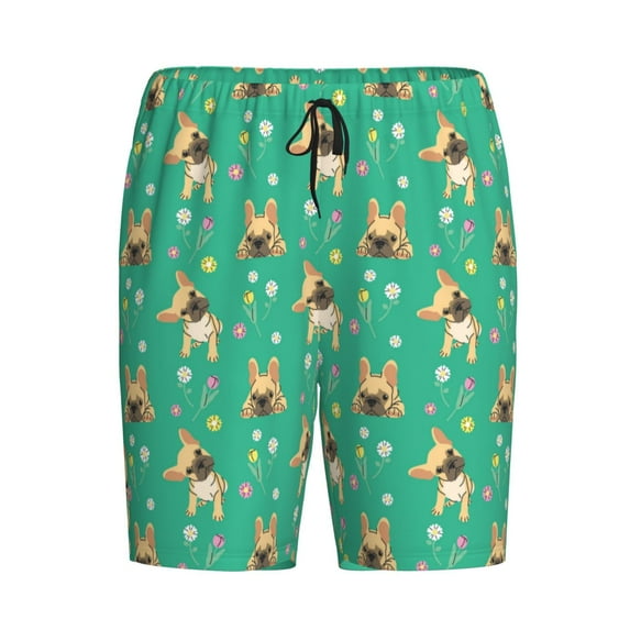 Haiem Bulldog Puppy Flower Men's Pajama Short with Soft Woven Cotton Elastic Waistband Sleep Short-Medium
