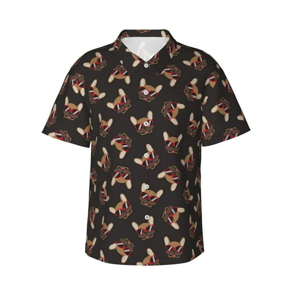 Haiem Bulldog with Sunglasses Printed Hawaiian Shirt for Men - Men’s Casual Beach Summer Shirts - Stretch Fabric with Modern Fit-X-Large