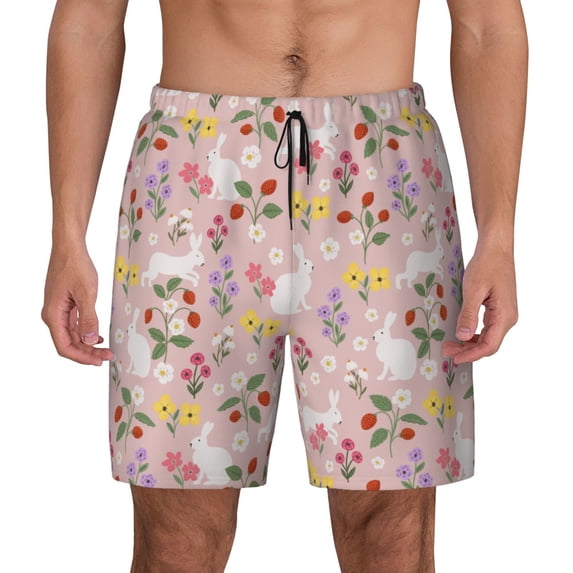 Haiem Bunny And Flower Mens Swim Trunks with Compression Liner 2 in 1 Swimming Shorts Stretch Swimwear Quick Dry,Board Shorts-XX-Large