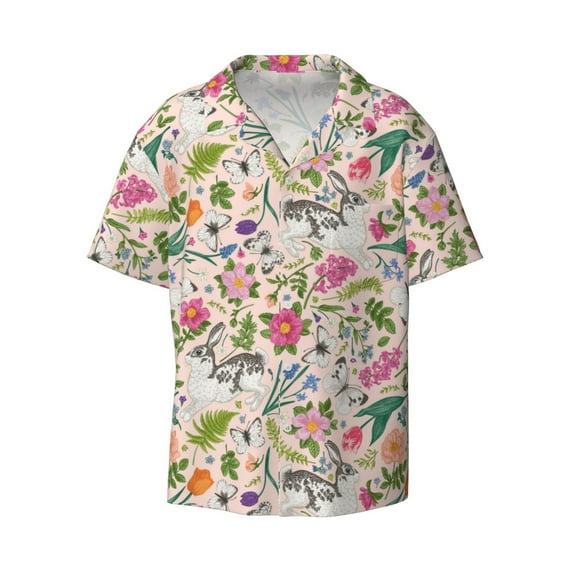 Haiem Bunny Floral Men's Casual Shirts Short Sleeve Button Down Shirts Fashion Textured Summer Beach Shirt-X-Large