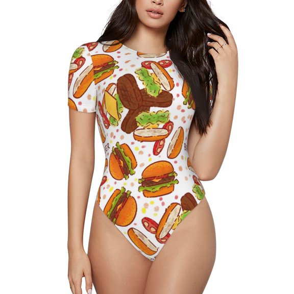 Haiem Burger Women's Crew Neck Short Sleeve Bodysuit Tops Stretchy Slim Basic-X-Large