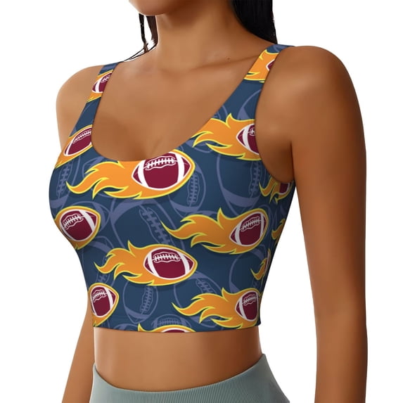 Haiem Burning Rugby Balls Pattern Womens Sports Bra - U Neck Padded Low Impact Yoga Bra Workout Crop Top Gym Moisture-Wicking Workout Vest -X-Large